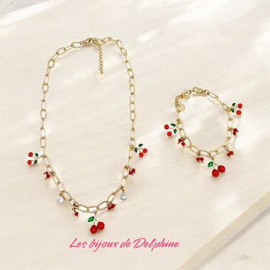 Parure collier gourmettes grosse maille pendentifs cerise