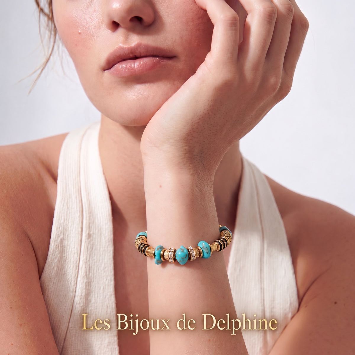 Bracelet turquoise bicolore argenté doré porté