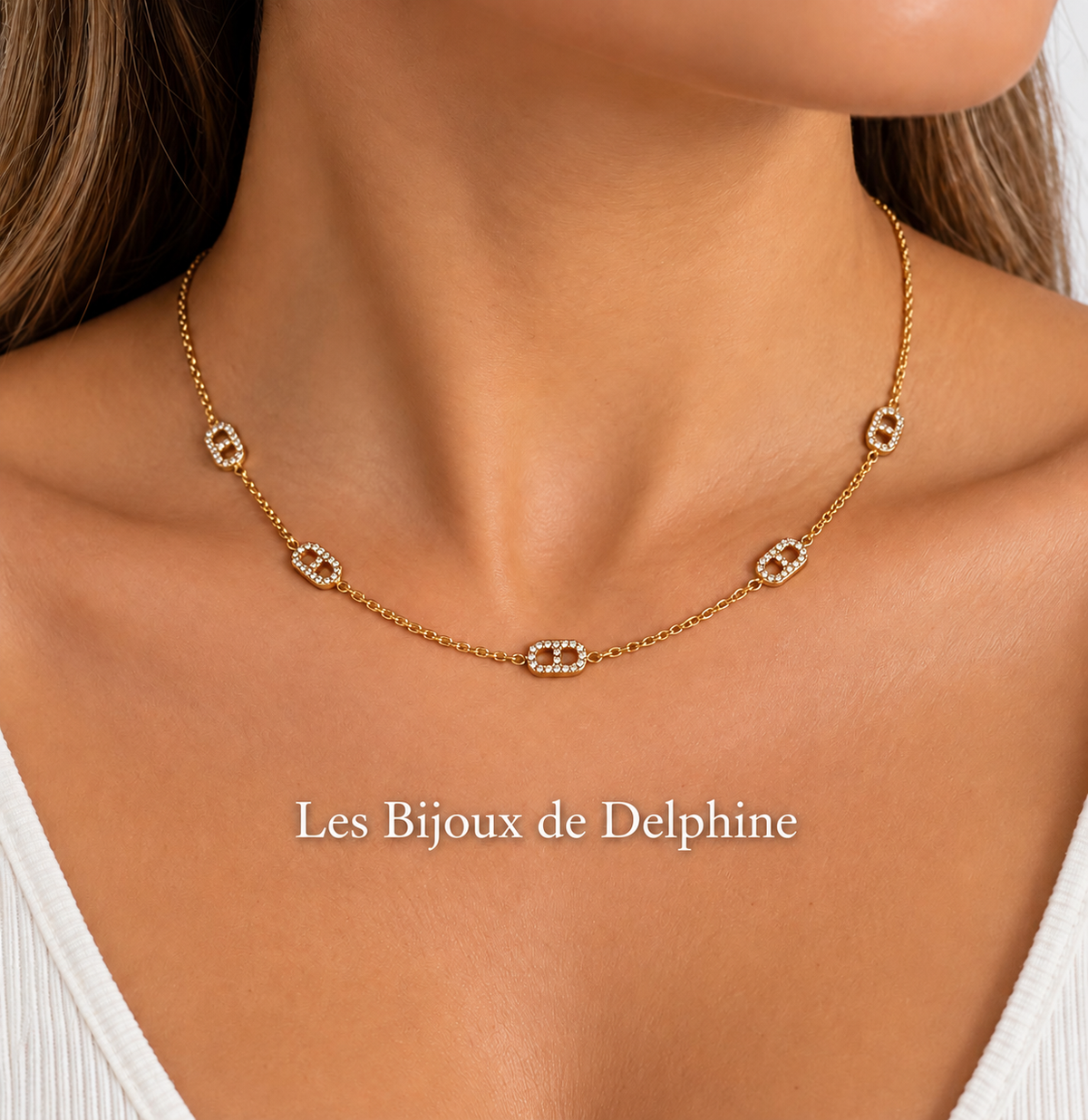 Collier doré maillons ovales sertis — Les Bijoux de Delphine